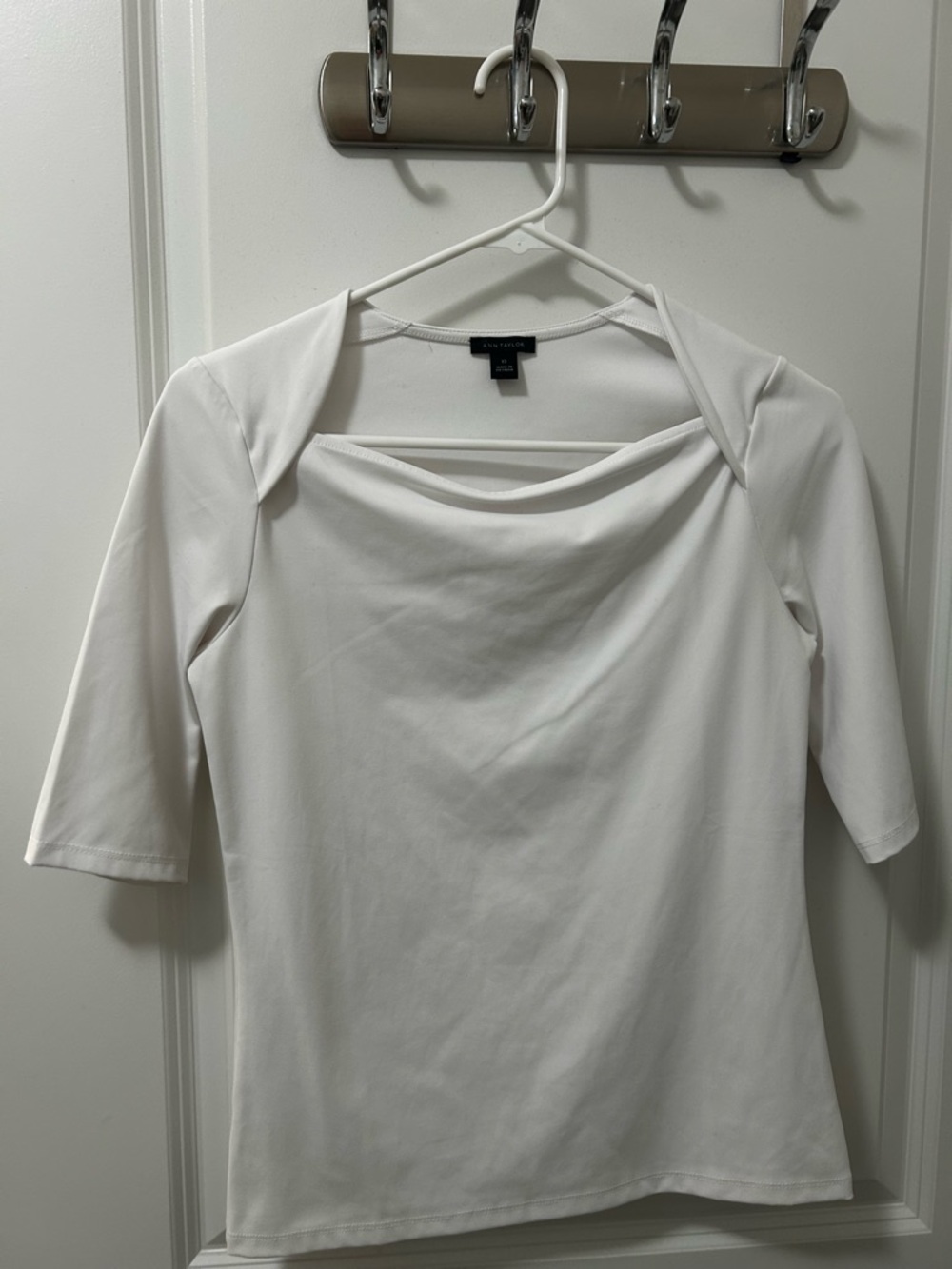 Ann Taylor White Square-Neck Elbow Sleeve Stretch Top